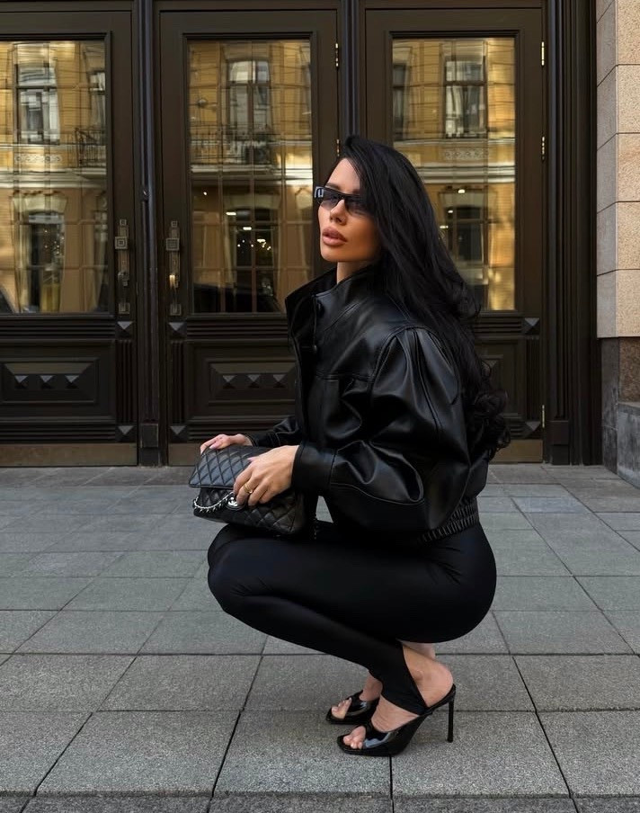 Black leather bomber
Black stirrup pats 

#LTKFestival #LTKBeauty #LTKPetite