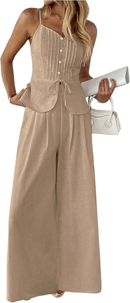 SOLY HUX Women's 2 Piece Summer Outfit Button Down Peplum Cami Top and Wide Leg Pants Set | Amazon (US)