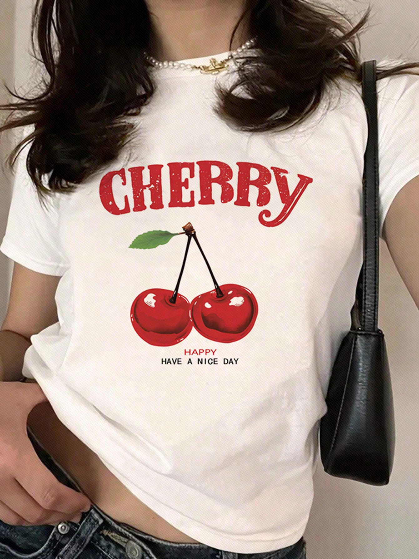 TrendsSHEIN EZwear Casual Cherry Printed Slim-Fit White Round Neck Short Sleeve Women's T-Shirt, ... | SHEIN