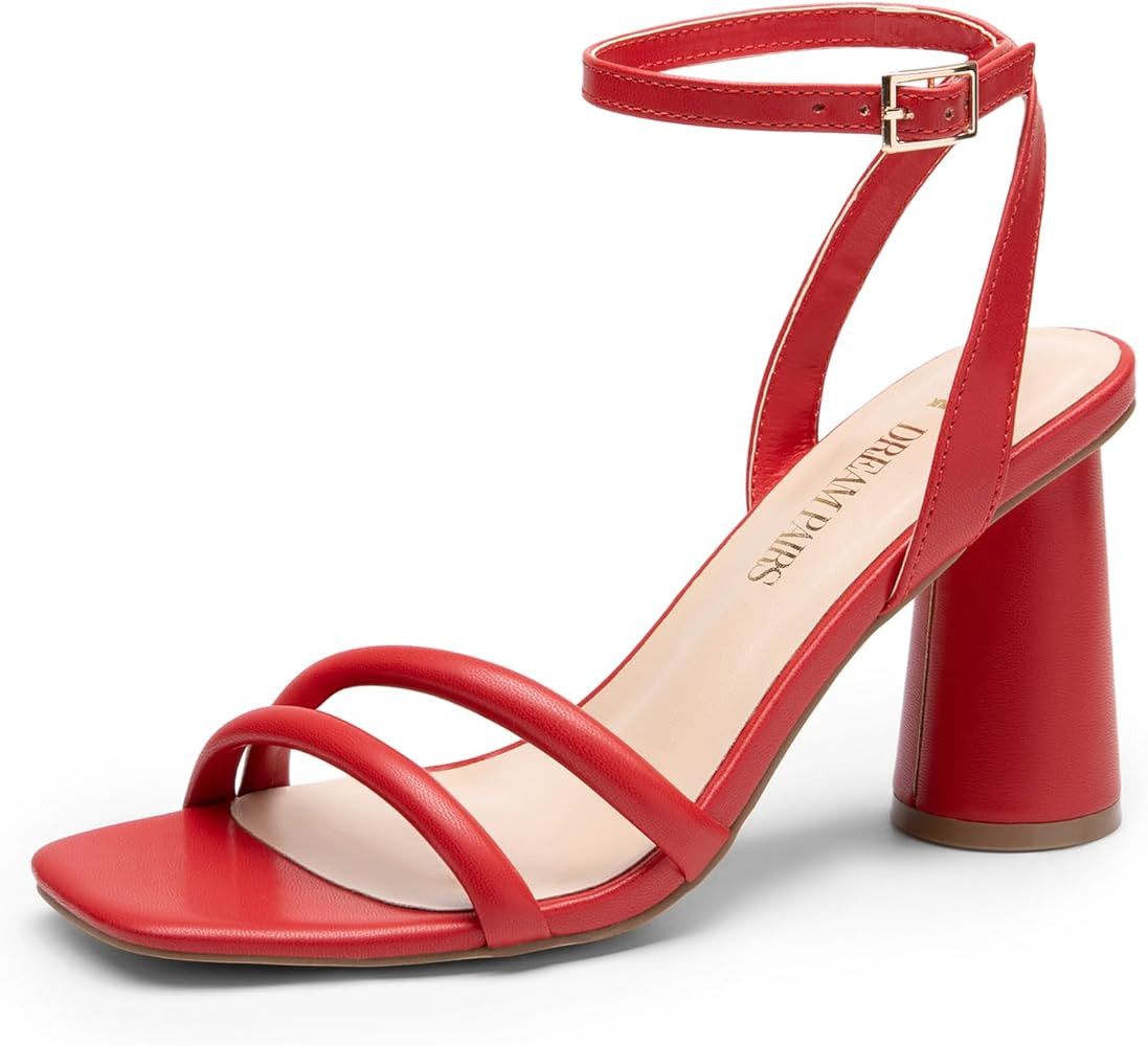 DREAM PAIRS Women's Strappy Round Heels Open Square Toe Ankle Strap Party Sandals Dress Shoes | Amazon (US)