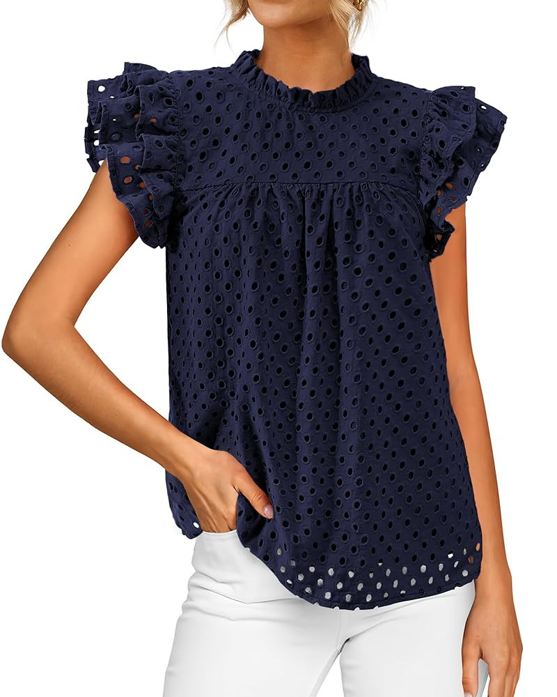 BTFBM Casual Summer Tops for Women 2025 Short Ruffle Sleeves Shirts Crew Neck Hollow Out Lace Emb... | Amazon (US)