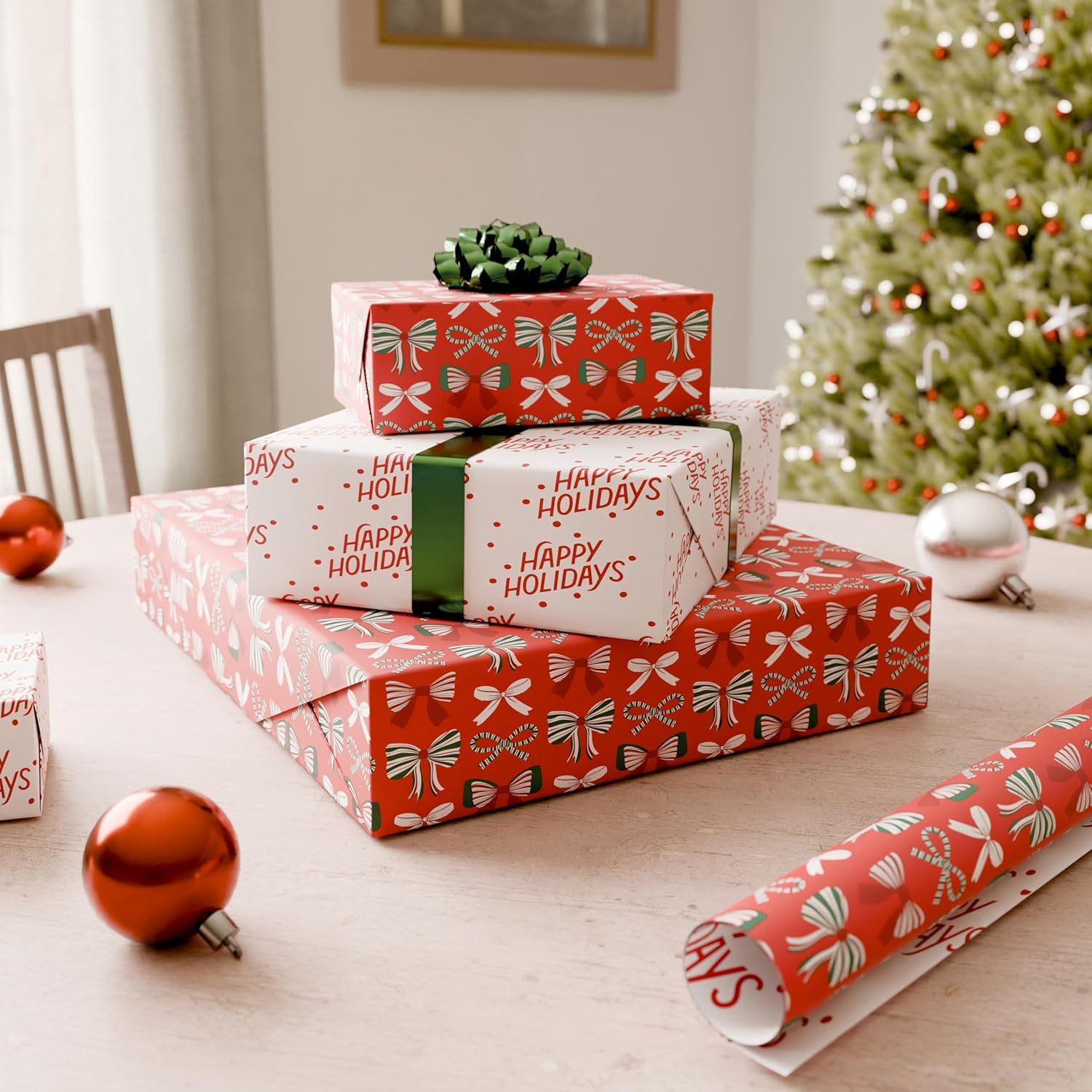 American Greetings Reversible Christmas Wrapping Paper Roll, Cute Red and Green Bows Holiday Gift... | Amazon (US)