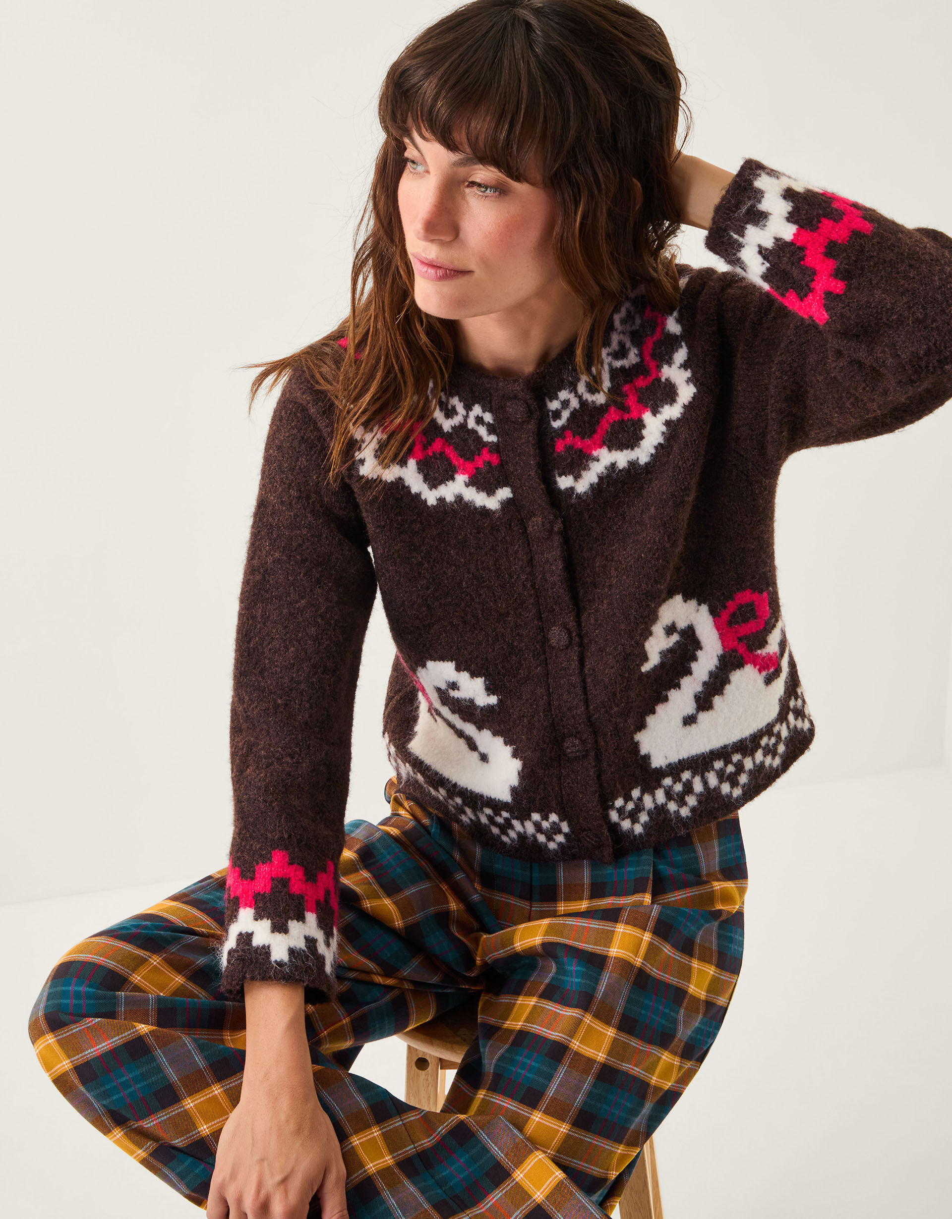 Monsoon x Sarah Corbett-Winder Swan Fair Isle Cardigan Brown | Monsoon (UK)