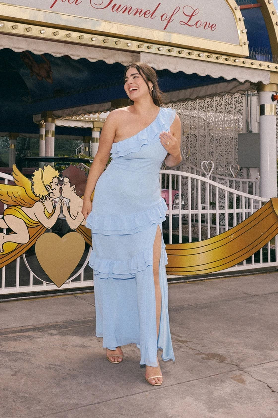 Brilliant Grace Light Blue Ruffled One-Shoulder Maxi Dress | Lulus