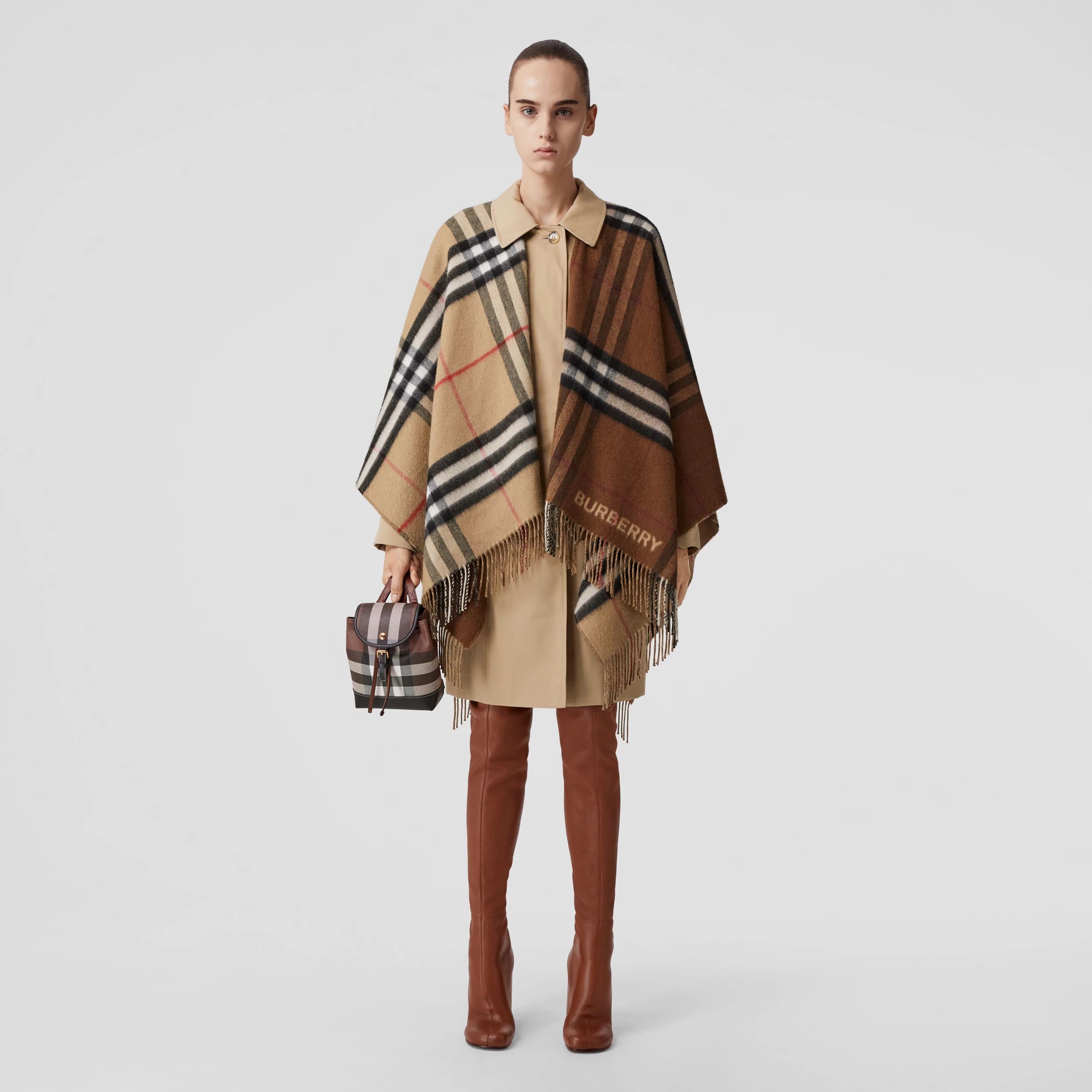 Contrast Check Wool Cashmere Cape in Archive Beige/dark Birch Brown | Burberry® Official | Burberry (UK)