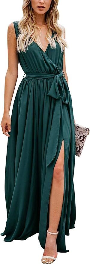 Homophony Women's Sexy Deep V Neck Sleeveless High Slit Summer Long Beach Party Maxi Dress Floor ... | Amazon (US)