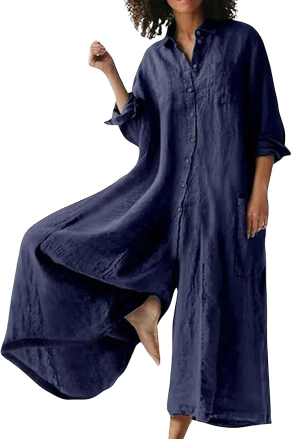CHARTOU Women Linen Button Down Long Sleeve Wide Leg Jumpsuit Beach Palazzo Pants One Piece Jumps... | Amazon (US)