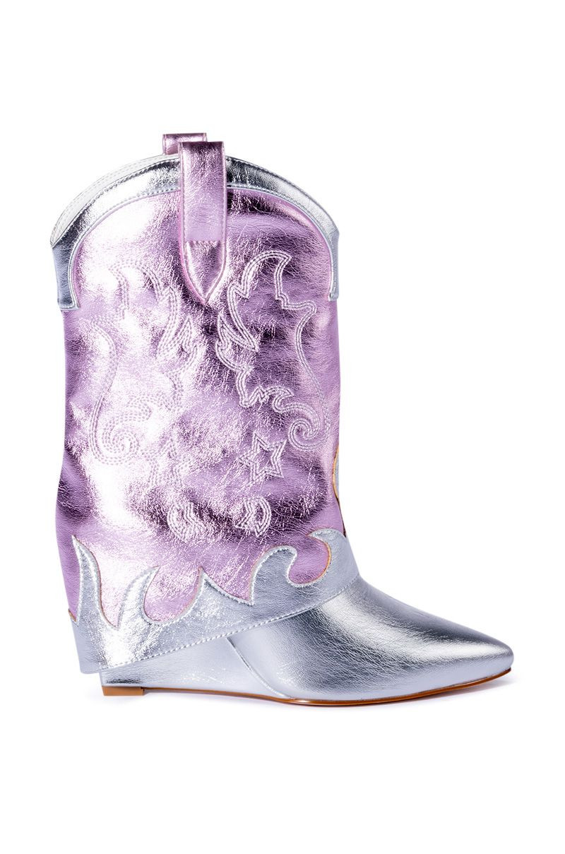 BRIA-SILVER FOLD-OVER WEDGE WESTERN BOOTIE | Azalea Wang