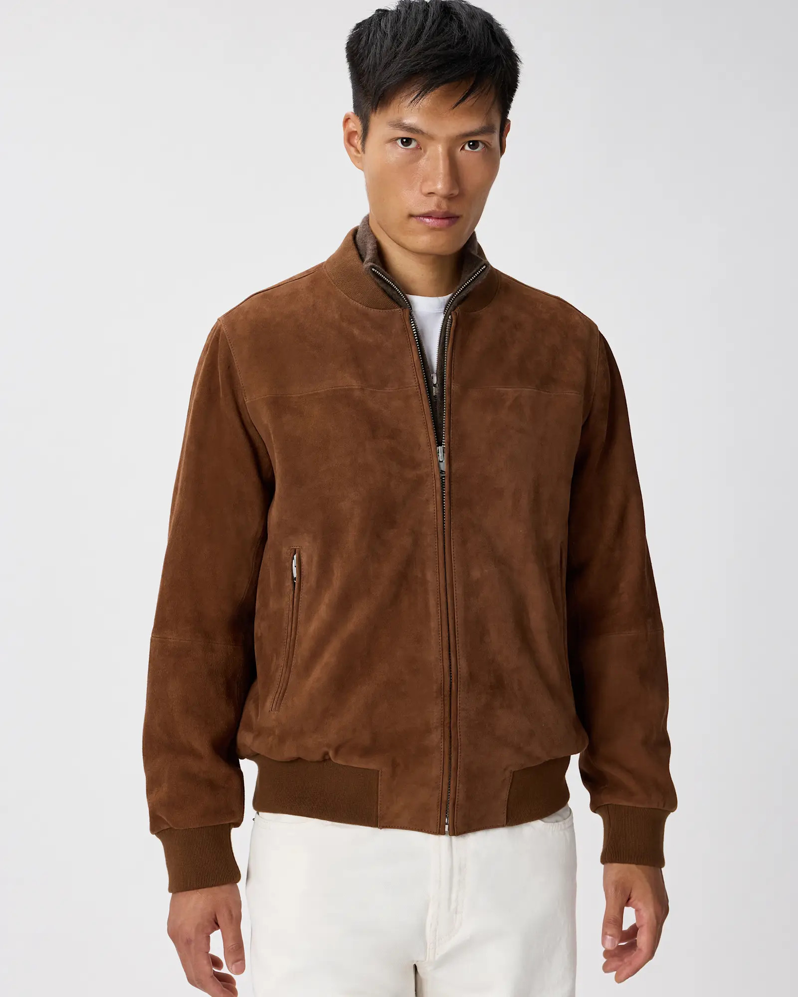 100% Suede Bomber Jacket in Dark Chestnut Brown | Quince