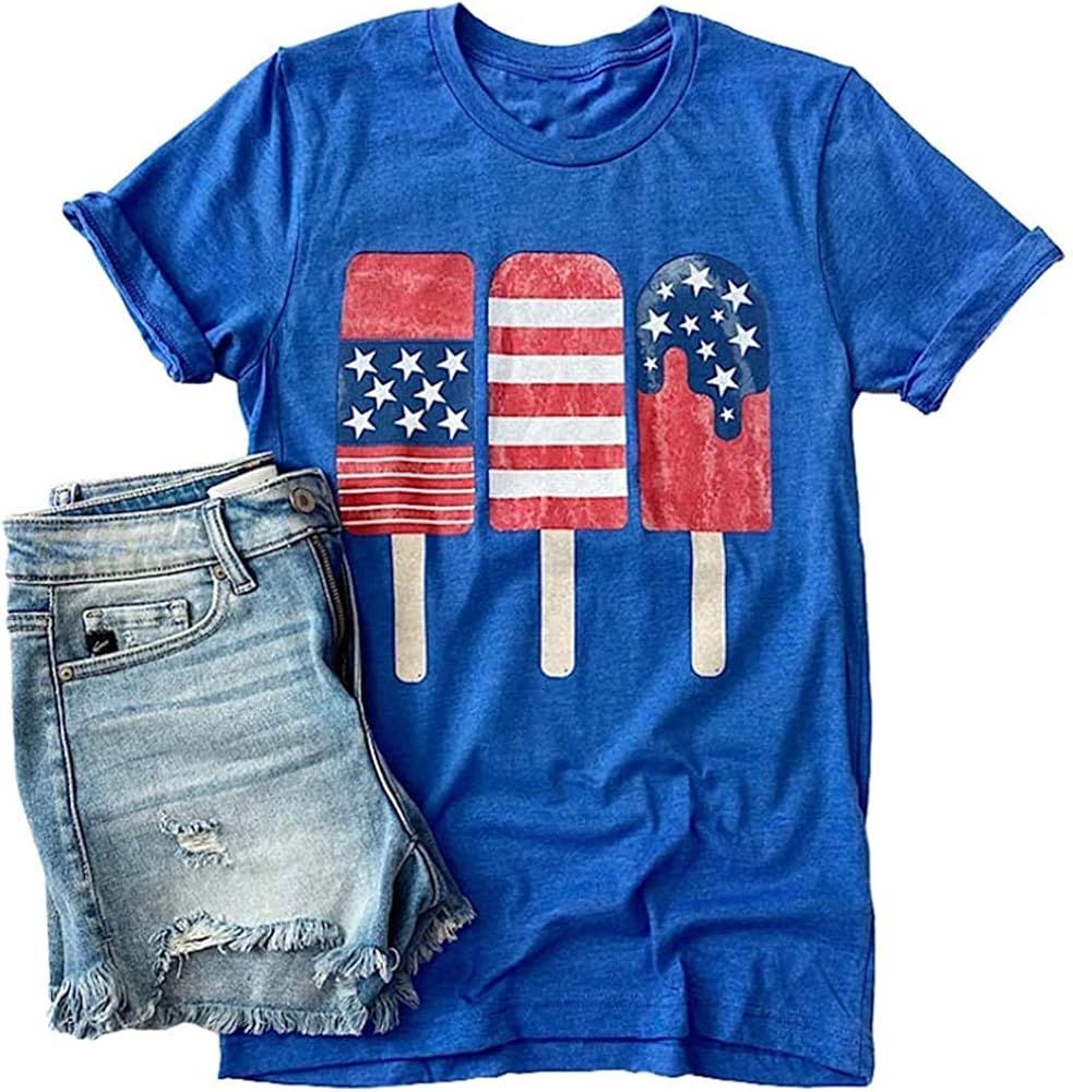 Woffccrd Womens American Flag Popsicle T-Shirts Tops 4th of July Patriotic Funny Graphic Tees | Amazon (US)