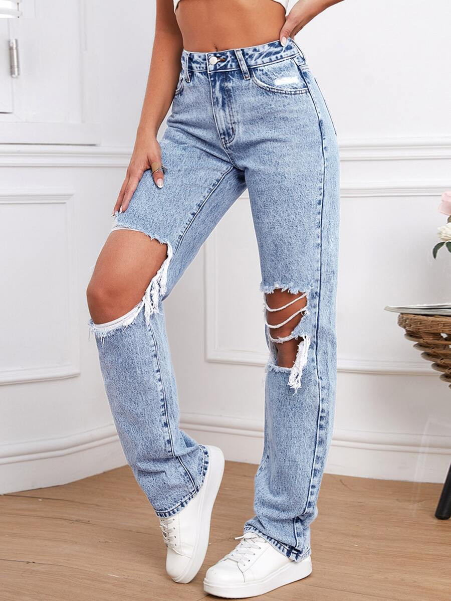 SHEIN Tall Cut Out Ripped Frayed Straight Leg Jeans | SHEIN
