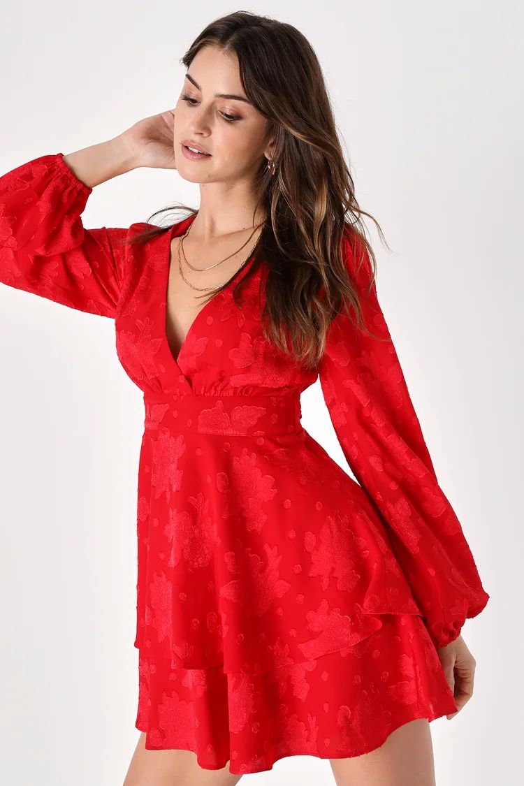 Flirty Moments Red Burnout Floral Balloon Sleeve Mini Dress | Lulus