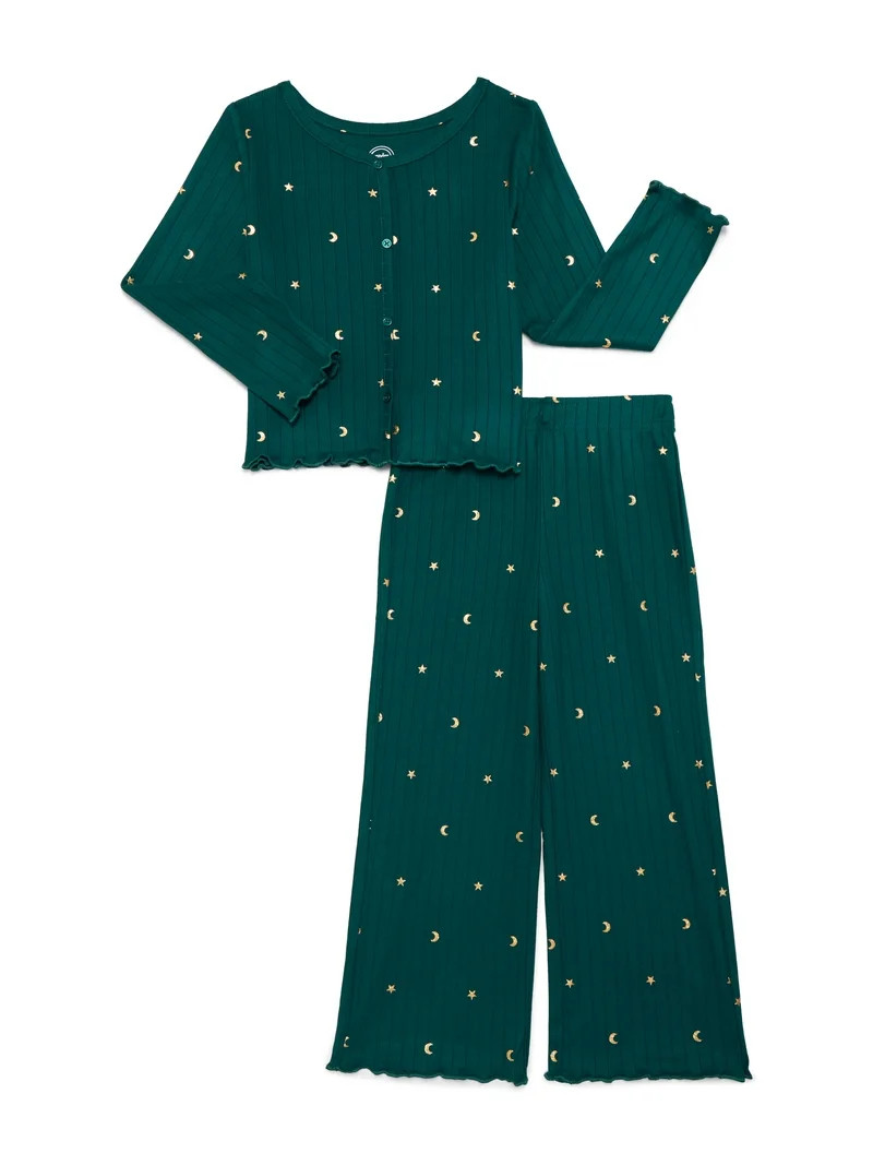 Wonder Nation Girls Ribbed Top and Pants Pajama Set, 2-Piece, Sizes 4-18 | Walmart (US)