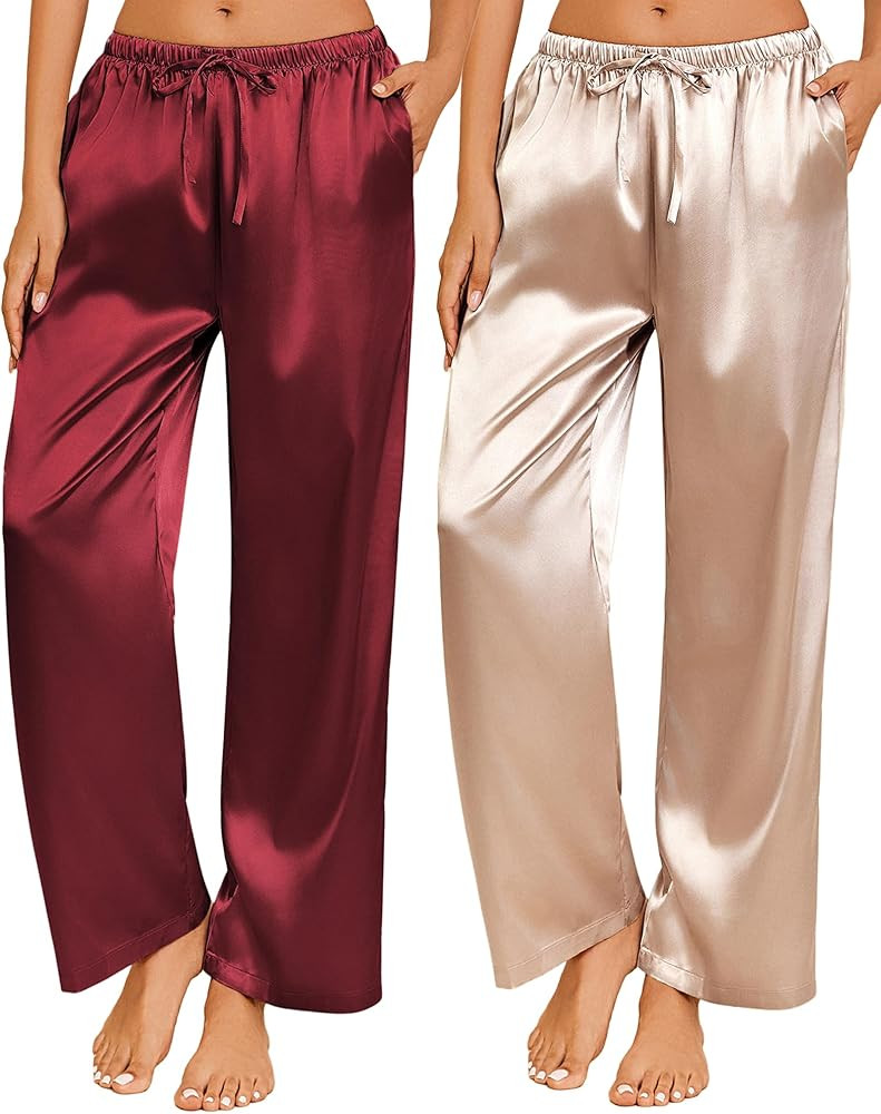 Ekouaer 2 Pack Womens Satin Pajama Pants Silk Sleep Lounge Pants Loose Pj Bottom with Pockets | Amazon (US)