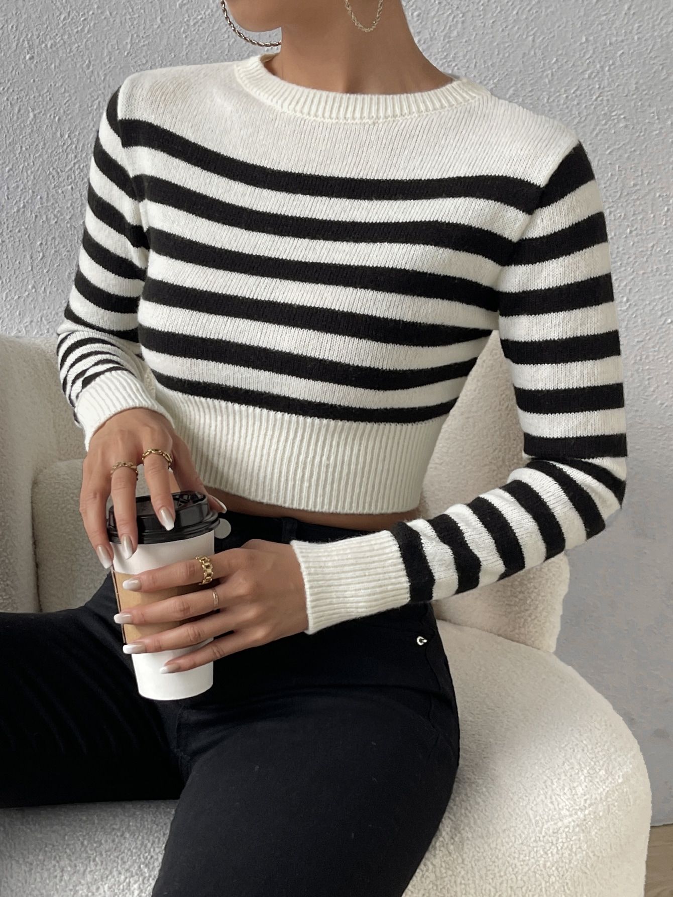 SHEIN Frenchy Stripe Pattern Ribbed Knit Crop Sweater | SHEIN