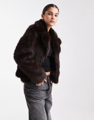 New Look cropped faux fur jacket in dark brown | ASOS (Global)