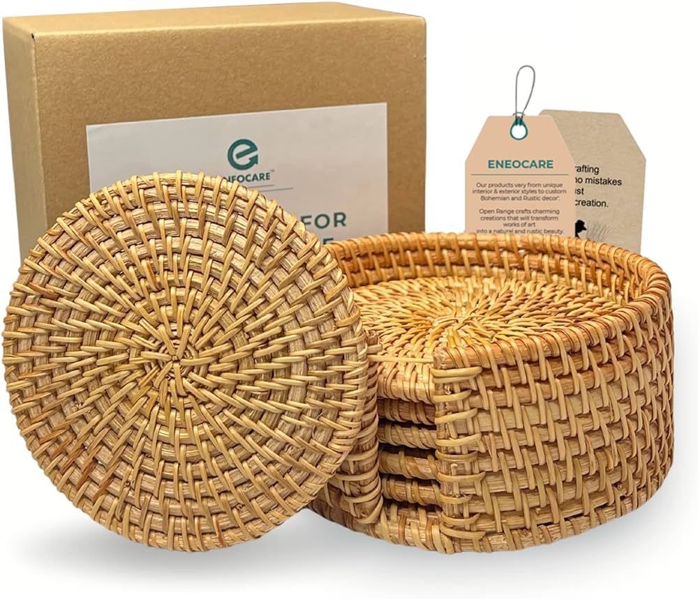 Eneocare Handmade Natural Rattan Coasters for Drinks, Wicker Boho Coasters, Woven Coasters for Dr... | Amazon (US)