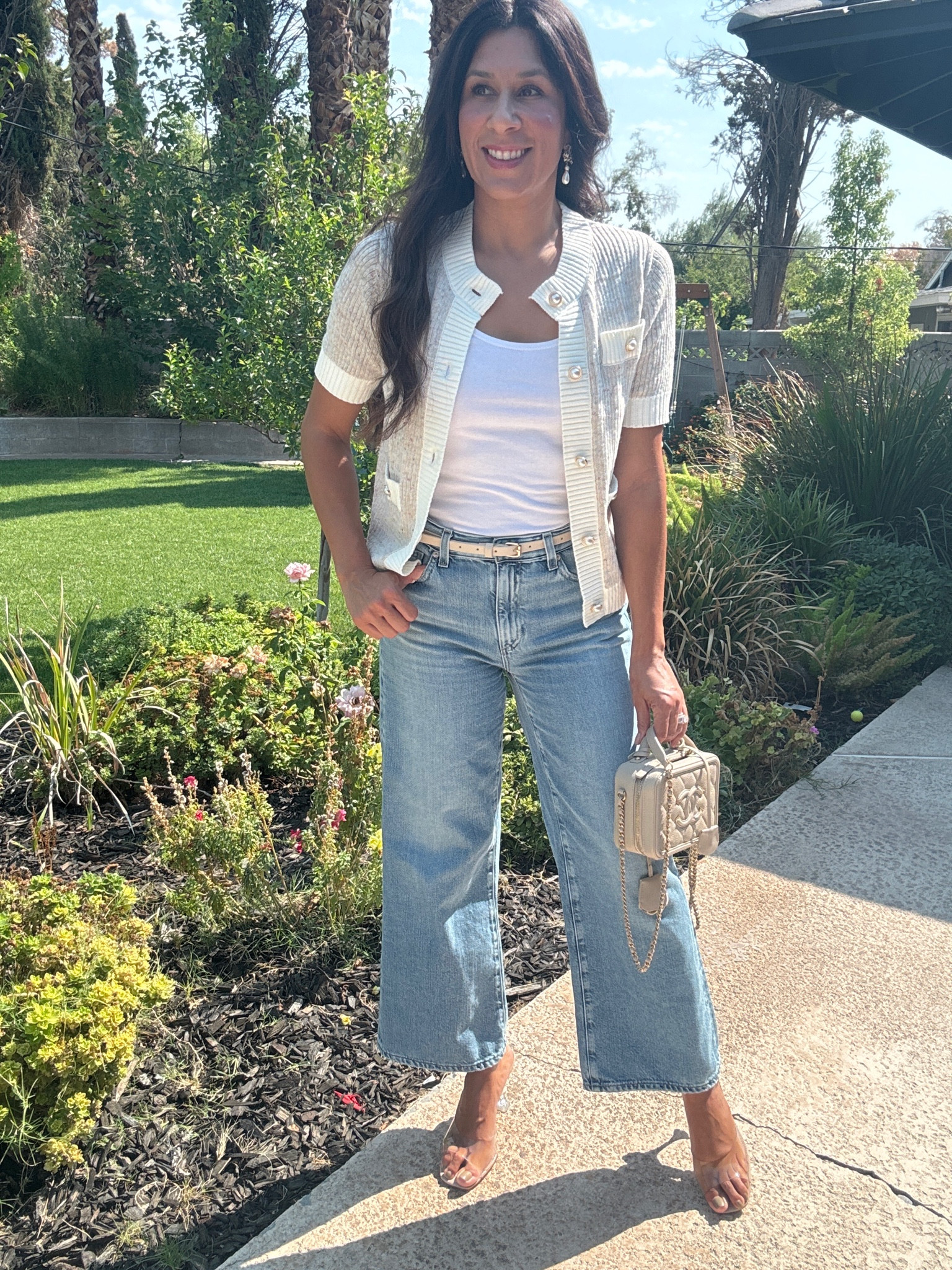 Outfit Of The Day for a sunny September day. Casual and cute. Love these clear slides that match with so much. Paired with wide leg denim and a short sleeve cardigan sweater. I’d say a perfect mix for a Fashion Fit   

#LTKStyleTip #LTKFallSale #LTKFindsUnder50