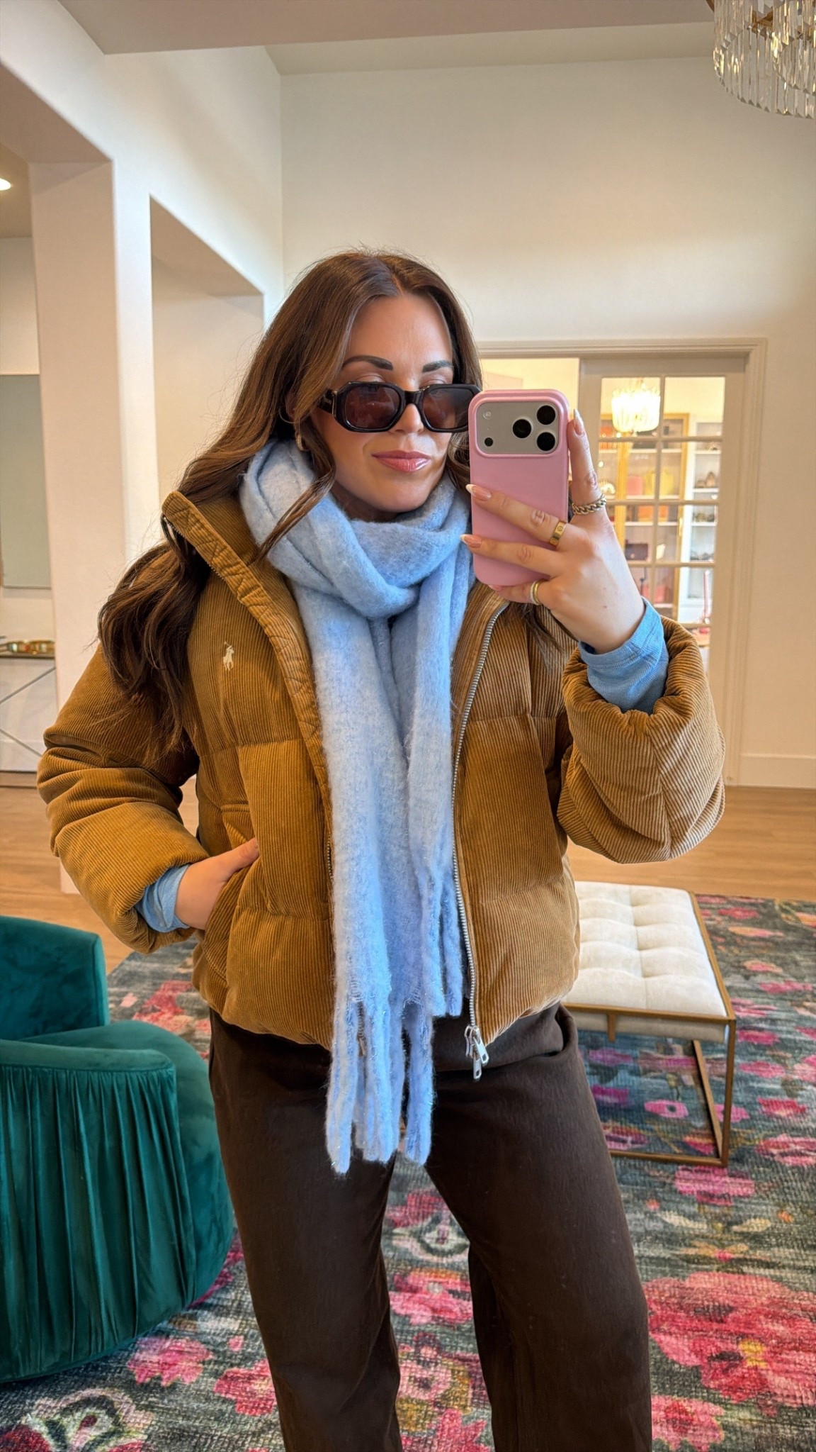 curvy midsize ice blue color trend outfits! wearing size 12 in blue top, size large in puffer corduroy jacket, and size 30 in chocolate brown denim  🩵🤎 

#LTKSeasonal #LTKMidsize #LTKFindsUnder100