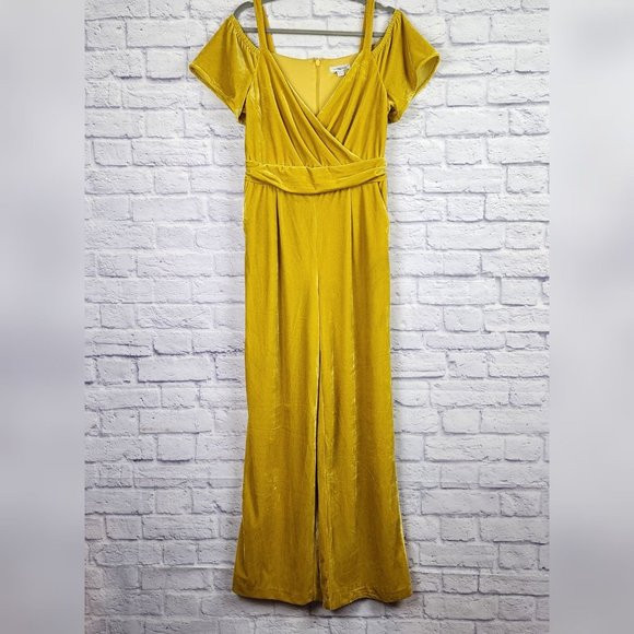 New York & Company Womens Medium Mustard Yellow Velvet Off the Shoulder Jumpsuit | Poshmark