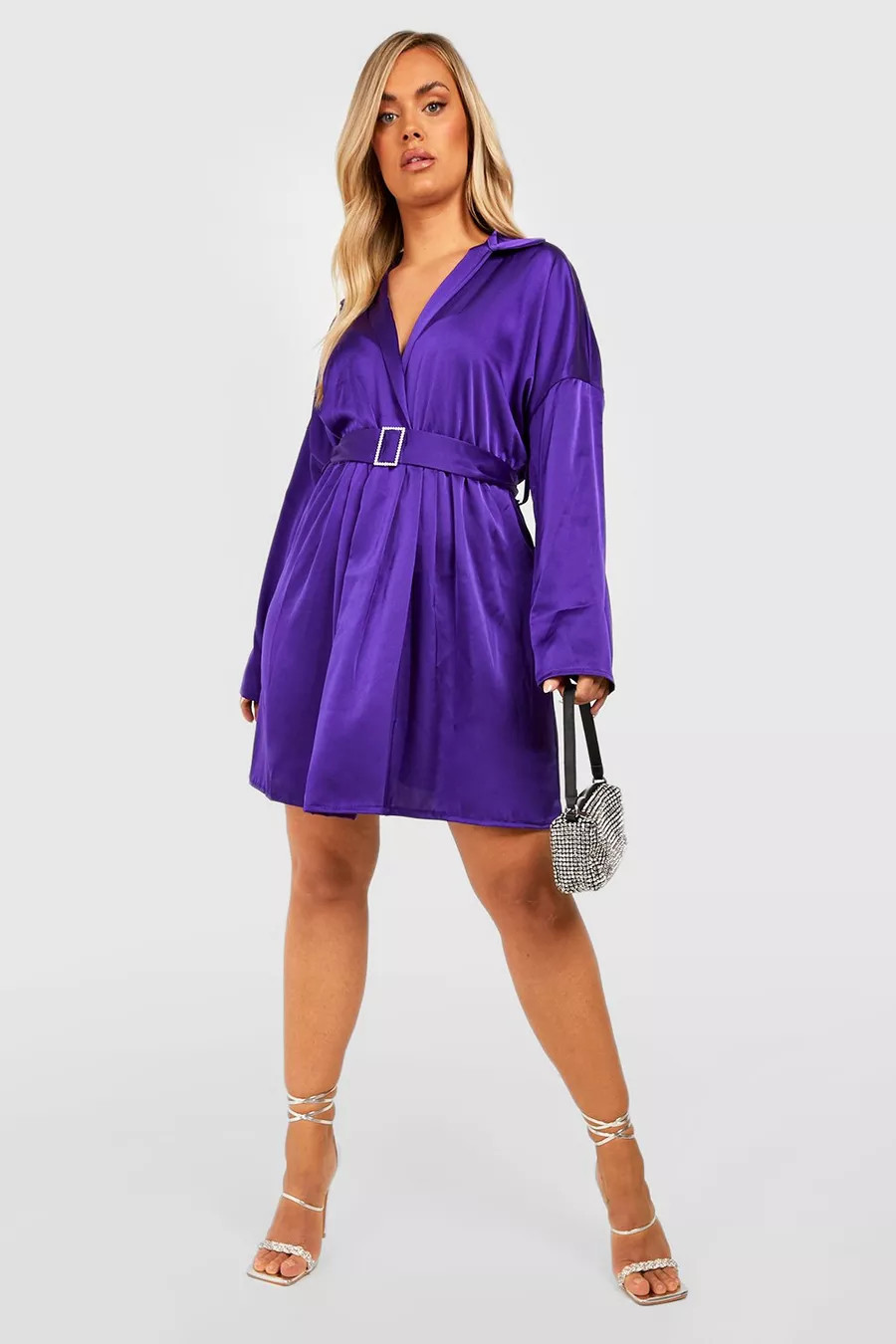 Plus Diamante Buckle Satin Skater Dress | Boohoo.com (US & CA)
