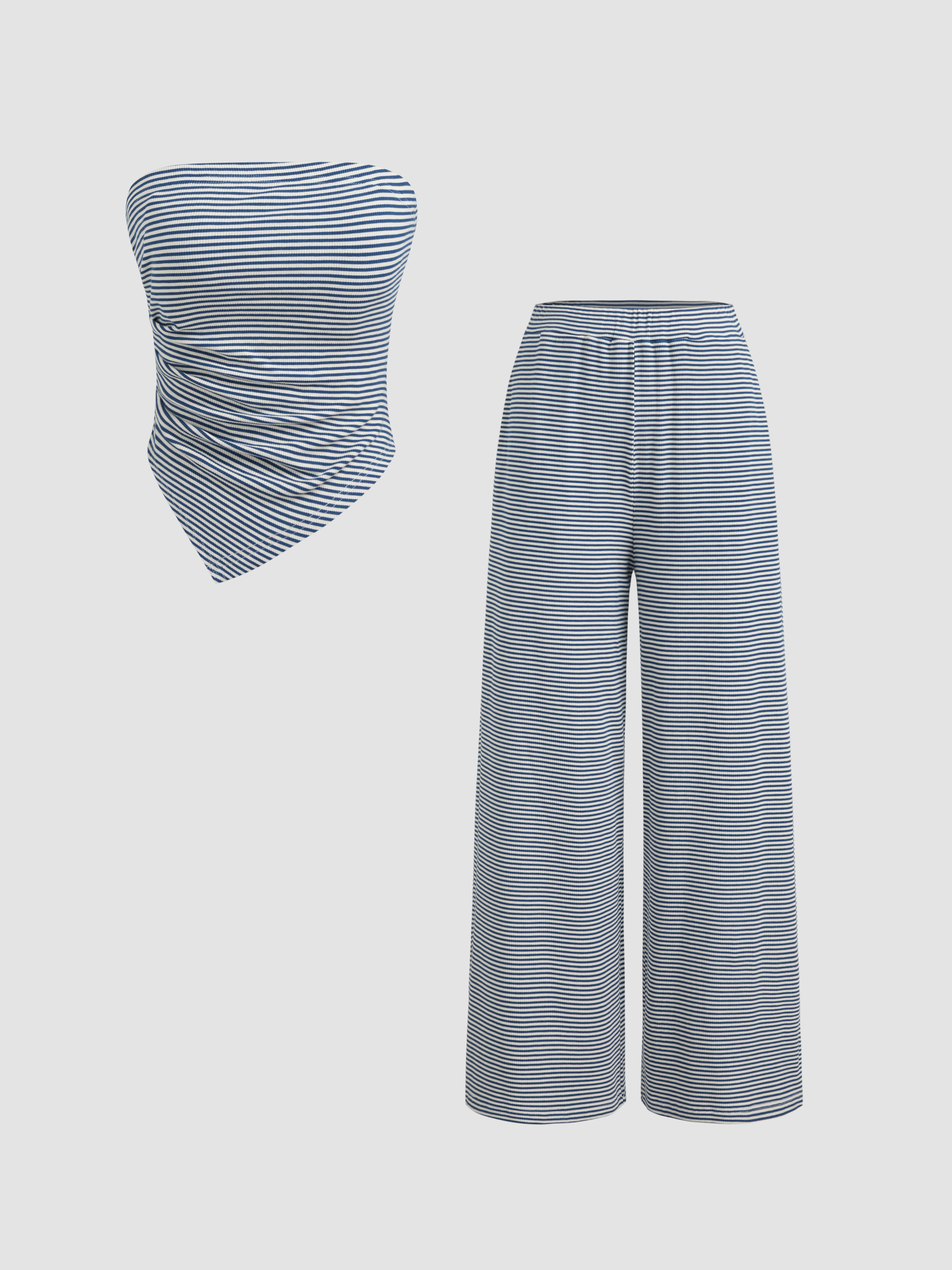 Knit Fabric Strapless Striped Asymmetrical Hem Tube Top & Wide Leg Trousers For Daily Casual | Cider