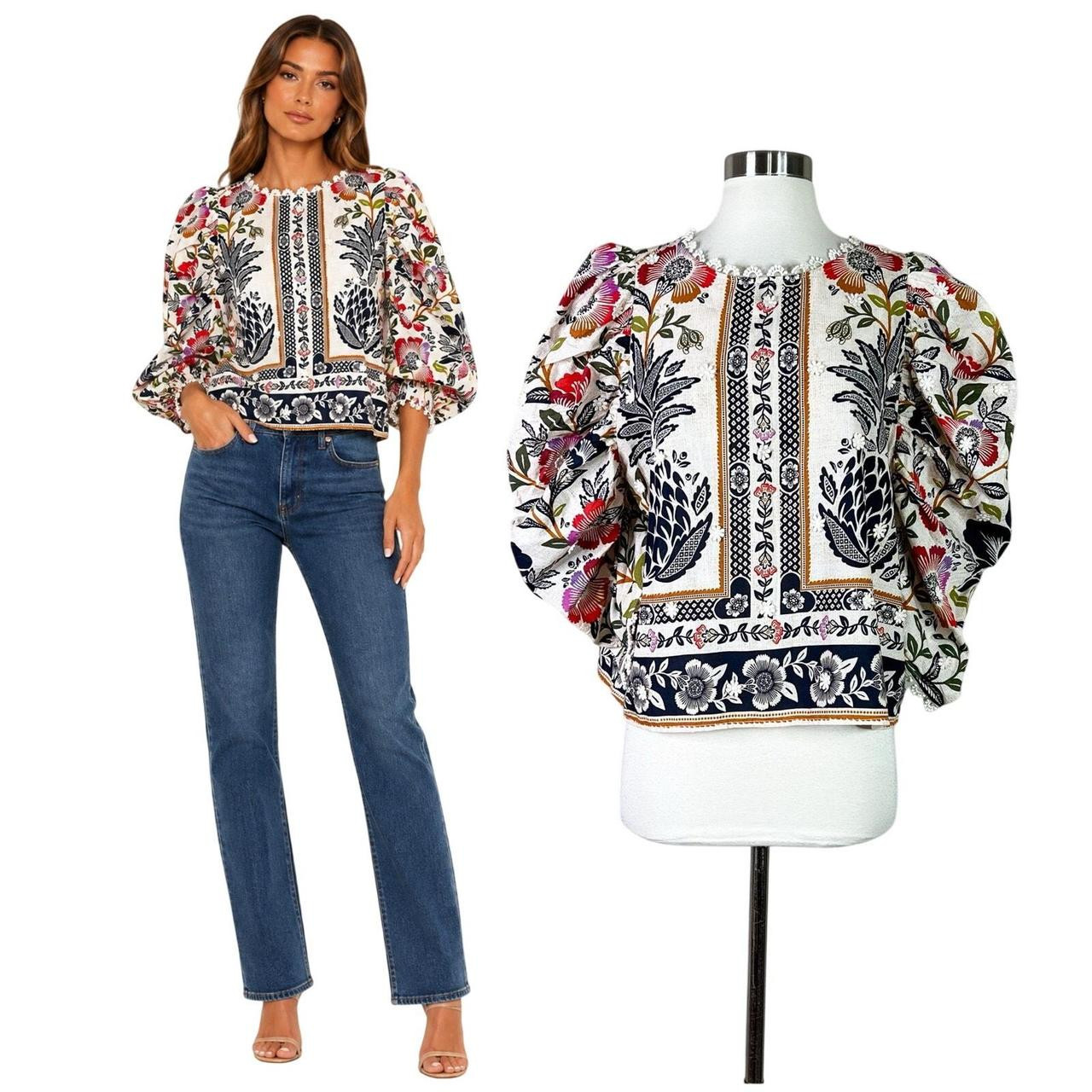 Farm Rio Women's Blouse - Cream/Black - 30C | Depop US