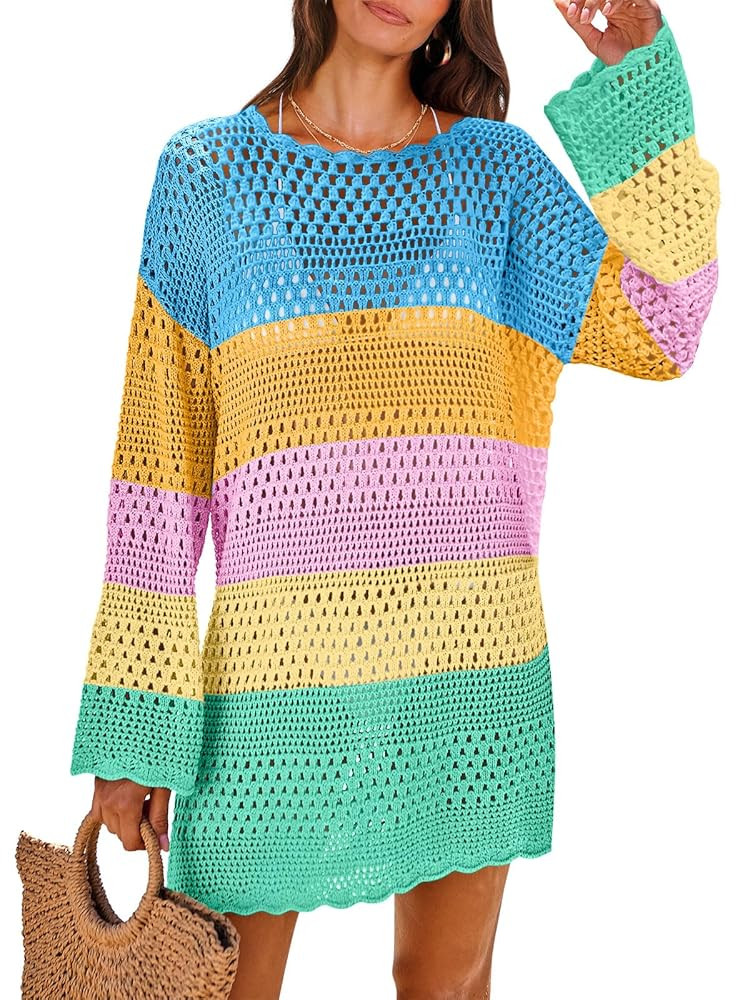 ANRABESS Women Swimsuit Crochet Swim Cover Up 2025 Summer Bathing Suit Swimwear Mesh Knit Beach D... | Amazon (US)