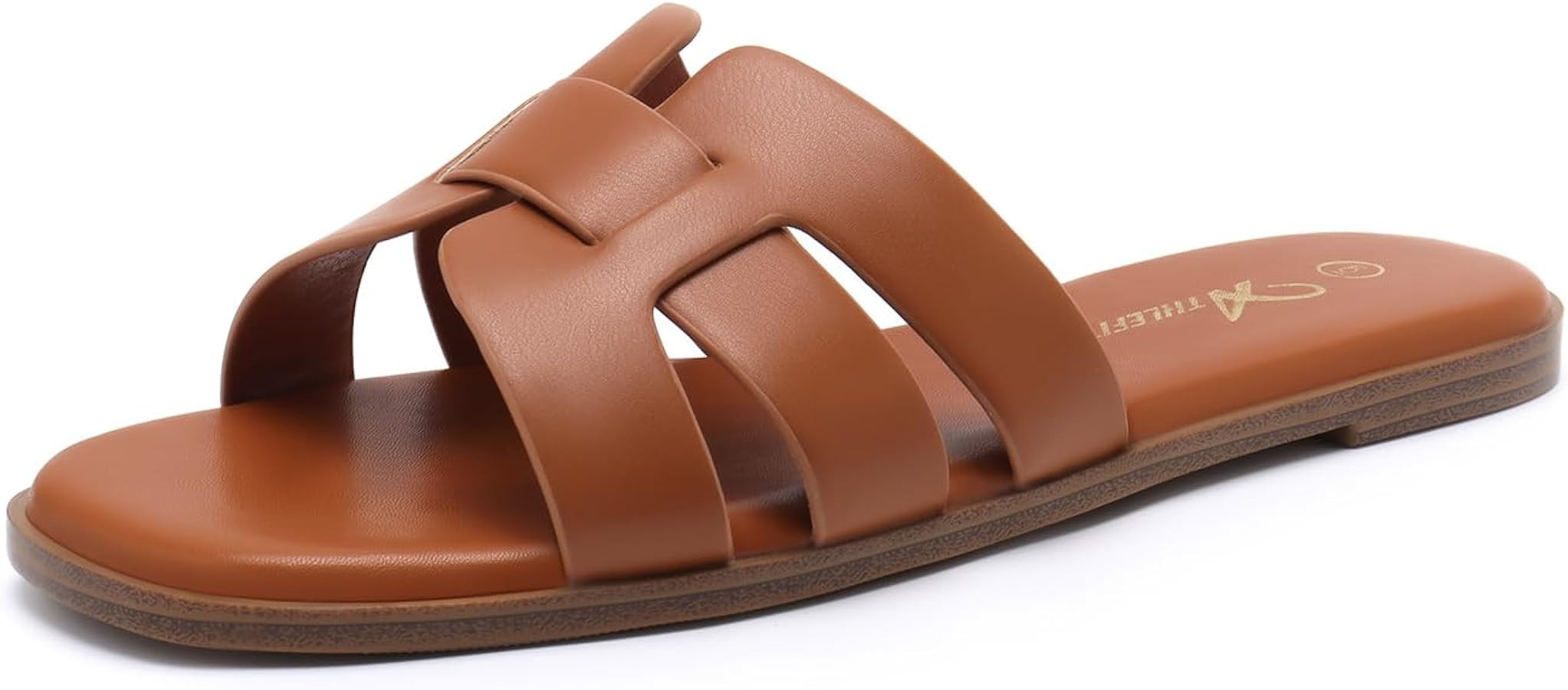 Athlefit Women's Flat Sandals Dressy Summer Square Open Toe Slip On Leather Slide Sandals | Amazon (US)
