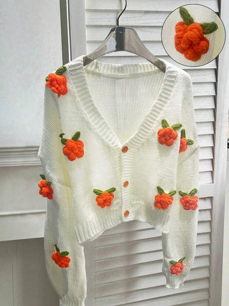 Chiquease Women V-Neck Long Sleeve 3D Floral Print Cardigan Sweater | SHEIN