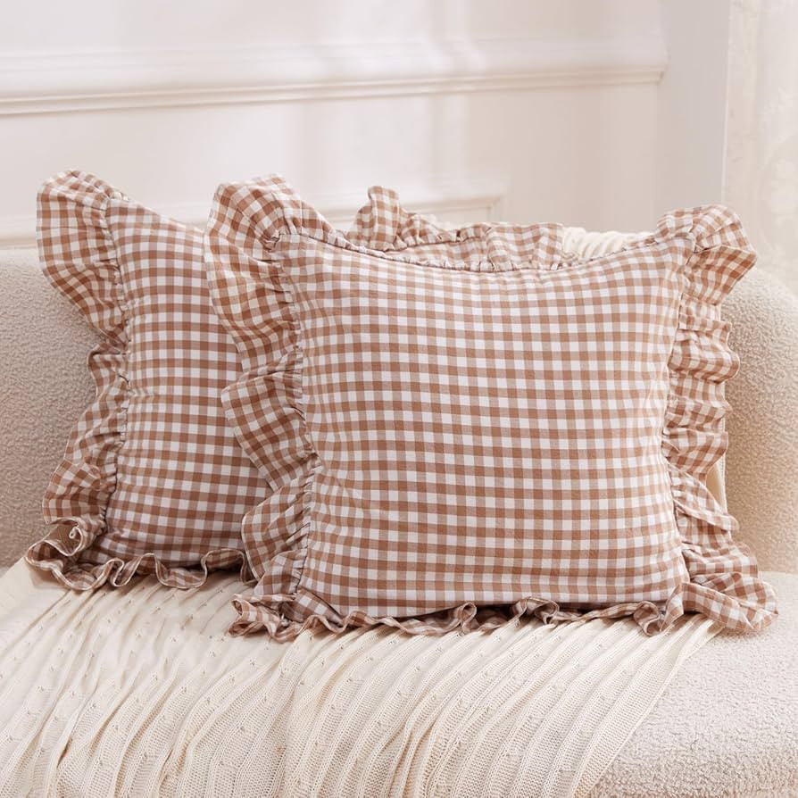 2 Pack Taupe Plaid Pillow Covers 18x18 inches, 2 Pack 100% Washed Cotton Gingham Throw Pillow, Vintage Checkered Ruffle Pillow Shams Pillow Cases for Sofa, Bed, Living Room | Amazon (US)