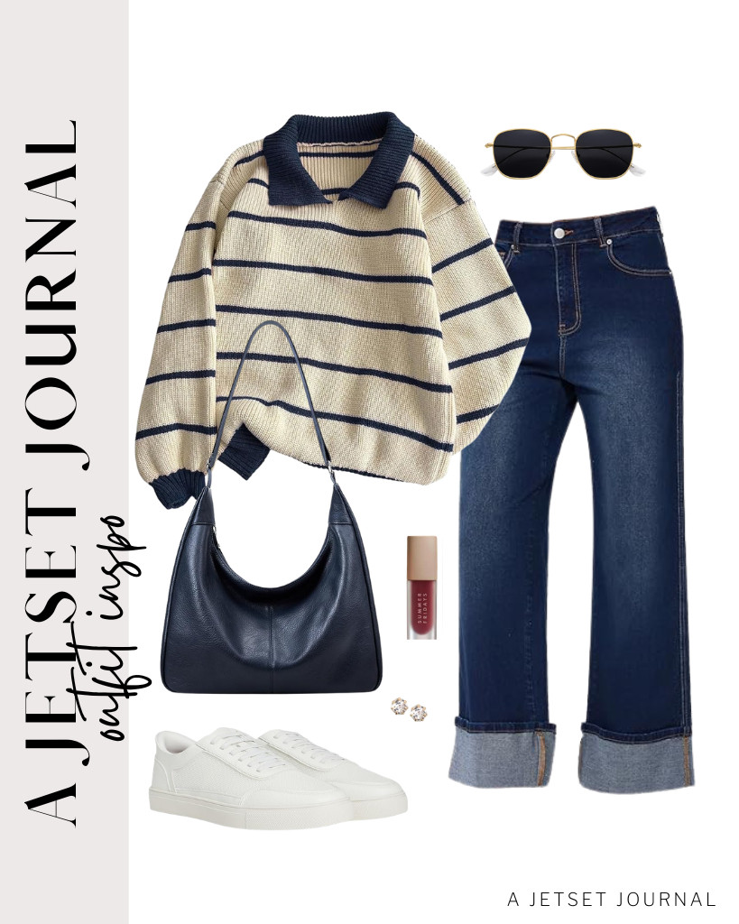 You can wear a khaki collared sweater with navy blue stripes as your top, paired with dark-wash stretchy boyfriend jeans. Complete the look with a dark blue slouchy hobo bag and sneakers. I’m also obsessed with Summer Fridays Dream lip oil, so I like to apply a bit before heading out. 

 #LTKSeasonal #LTKSaleAlert #LTKTravel