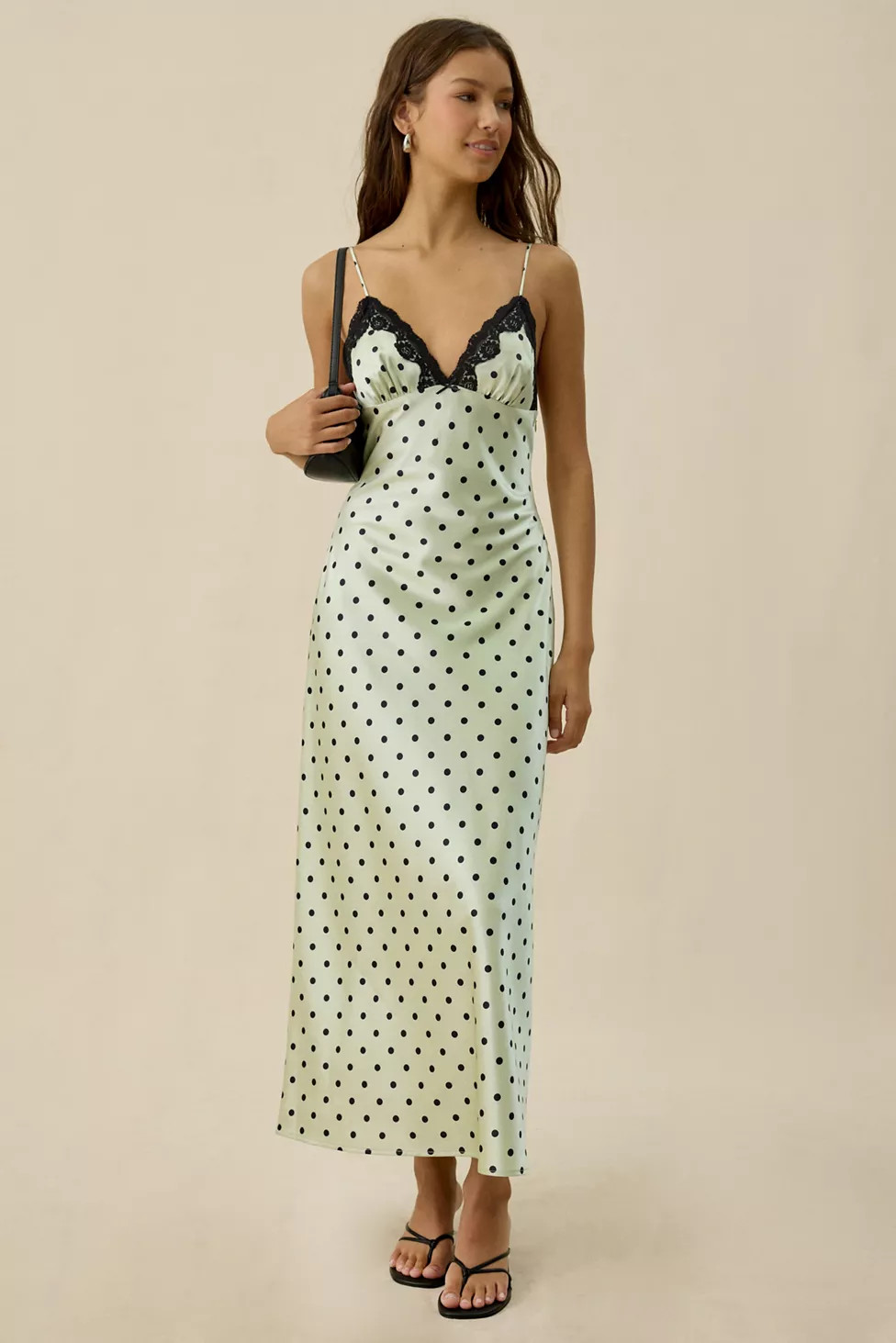 NIA Jasmine Polka Dot Satin Lace Trim Slip Maxi Dress | Urban Outfitters (US and RoW)