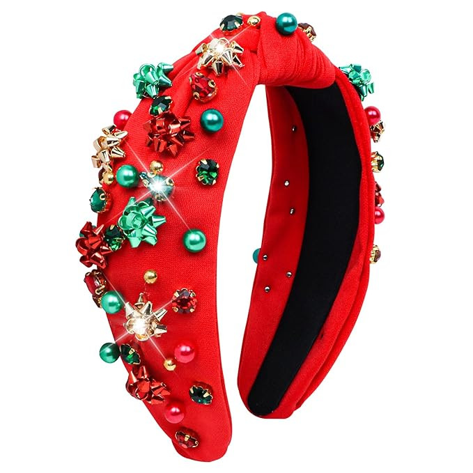 Christmas Headband for Women, Knotted Headband with Crystals and Pearls Xmas Super Stretchy Headb... | Amazon (US)