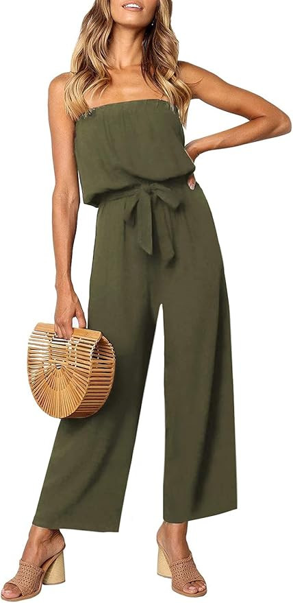 ZESICA Women's Casual Off Shoulder Solid Color Strapless Belted Wide Leg Jumpsuit Romper | Amazon (US)