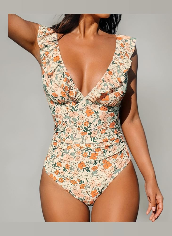 CUPSHE Damen Badeanzug R\u00fcschen V Ausschnitt Monokinis Bauchweg Einteilige Bademode Swimsuit | Amazon (DE)