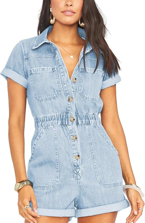 Cicy Bell Women's Short Sleeve Denim Rompers Cotton Utility Button Up Elastic Waist Short Jumpsui... | Amazon (US)