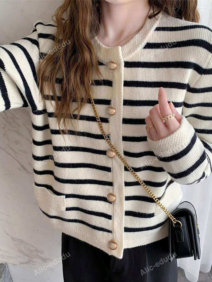 Women's Casual Classic Striped Cardigan, Autumn/Winter,Long Sleeve Tops | SHEIN