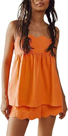 Women 2 Piece Casual Lounge Set Sleeveless Strappy Tie Back Cami Top Wide Leg Shorts 2Pcs Summer ... | Amazon (US)