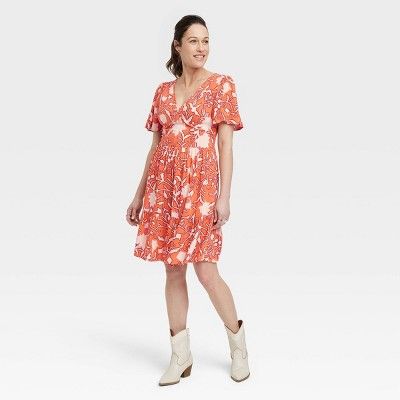 Women's Short Sleeve A-Line Dress - Knox Rose™ Orange Floral L | Target