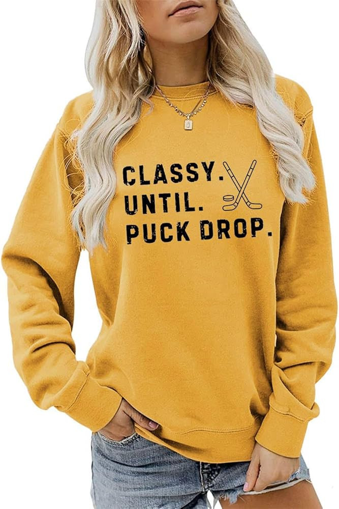 Classy until Puck Drop Sweatshirt, Funny Hockey Mama Shirt Women Crewneck Game Day Ice Hockey Sea... | Amazon (US)
