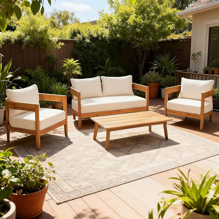 Merax 4pcs Outdoor Acacia Wood Conversation Set with 2 Chais,Loveseat and Coffe Table,with Cushio... | Amazon (US)