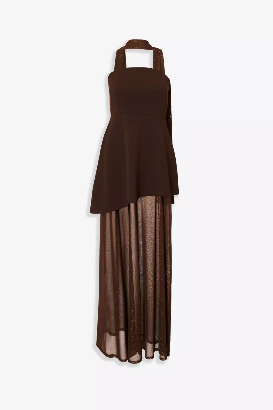 Home/Dresses/Brown Glitter Mesh Hem Maxi Dress | Quiz Clothing