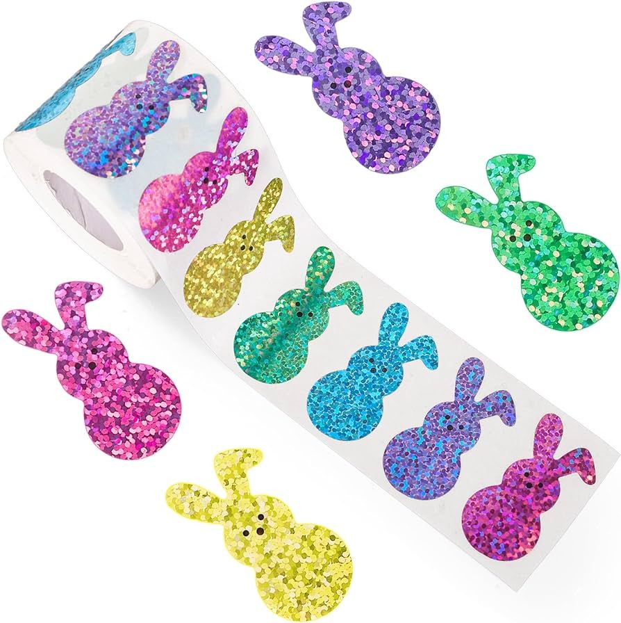 Whaline Easter Bunny Stickers Roll Colorful Glitter Rabbit Paper Decals 5 Colors Spring Sparkly S... | Amazon (US)