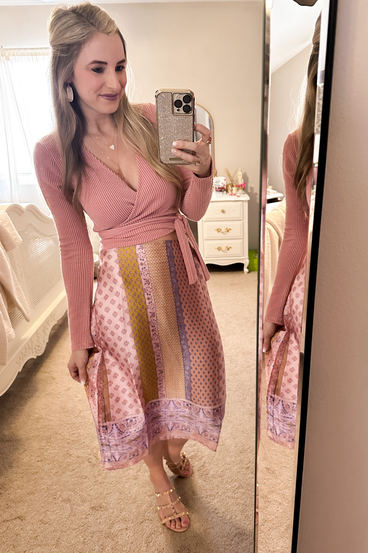 OOTD. Outfit of the day. Pink wrap top, satin midi skirt from Shop Red Dress (on sale for $15!), pink block heels. Outfit for tea. High tea outfit. Spring outfit. Spring fashion. Spring style. 

#LTKsalealert #LTKstyletip #LTKSeasonal