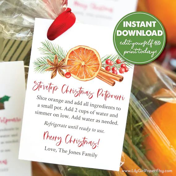 Editable Stovetop Potpourri Christmas Gift Tag, Teacher Gift, Neighbor Gift, ALL Text is Editable... | Etsy (US)