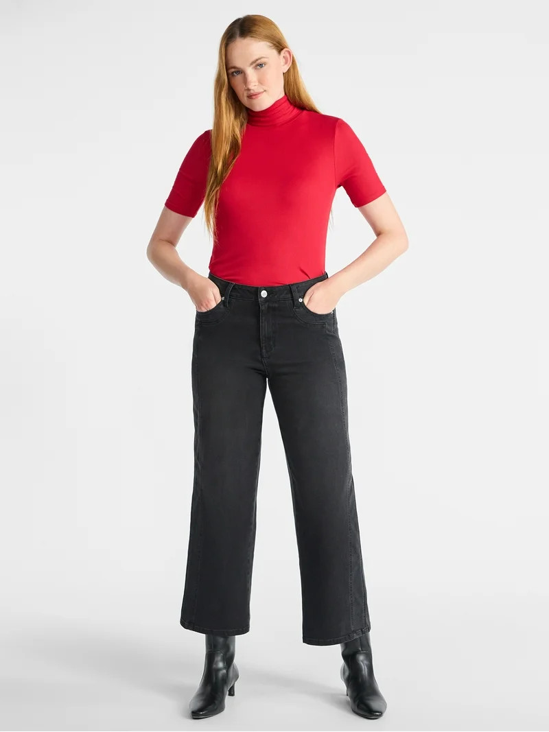 Time and Tru Women's Rib Turtleneck Top with Short Sleeves, Sizes XS-XXXL | Walmart (US)