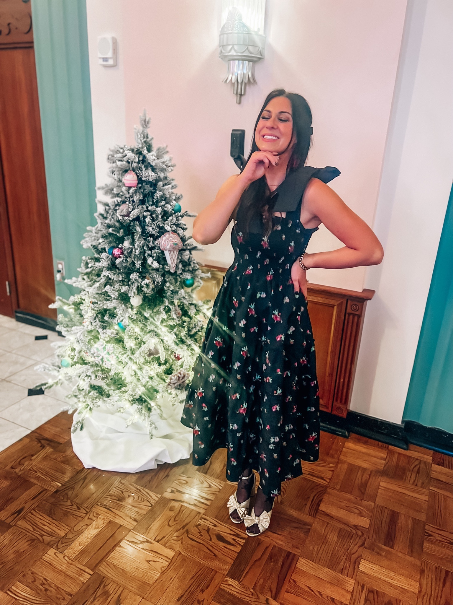 A NYE outfit dream! The Hillhouse ribbon dress is so festive and fun to wear. I added sparkly earrings, bow heels and floral tights. Happy New Year’s Eve girls! 
.
.
.
.
.
.
.
.
#nye #nyeoutfit #bowheels #sparklyearrings #momstyle #newyearseve #hillhouse #bowsaesthetic #bowdress 

#LTKparties #LTKSeasonal #LTKmidsize