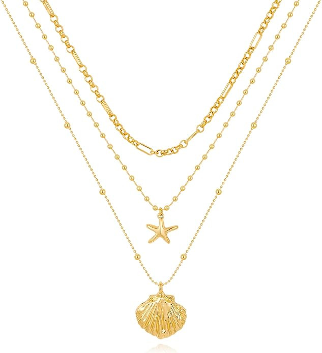 CLASSYZINT Gold Beaded Shell Necklace Shell Starfish Necklaces Seashell Pendant Necklaces Jewelry | Amazon (US)