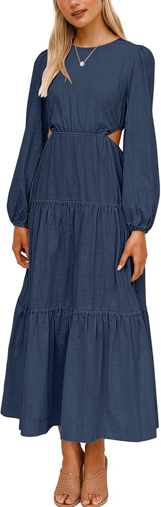 ANRABESS Women's Puff Long Sleeve Crewneck Cutout Waist Tiered Flowy A-Line Maxi Long Dress with ... | Amazon (US)